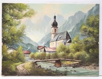 Oil Painting-Mountain Chapel with Bridge & Stream
