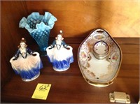 Blue Fenton Vase, Pair of Occupied Japan Figurines