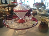 Red Cake Plate, Old Creamer, Candy Dish,
