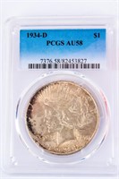 Coin 1934-D  Peace Silver Dollar PCGS AU58