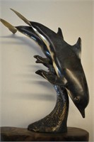 Bronze Dolphins Sculpture 14" High