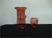 19th C cranberry glass pitcher and small vase