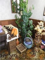 Faux Plants, Wicker Baskets, Hooked Rug, Mirror