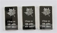 Three 1 Troy Ounce Fine Silver Bullion Bar Mint