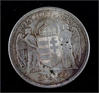 1930 Hungary 5 Pengo Silver (.640) Coin