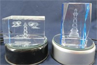 2-Laser Etched Prism Paperweights w Lighted Stands