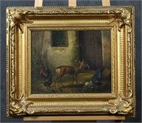 Oil on Canvas of Deer & Barnyard Fowl With Rabbits