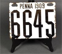Antique Enamel License Plate Penna 1909 Four Digit