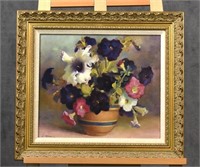 Oil on Canvas of Petunias in Earthenware Bowl