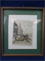 Silk Print Signed, Matted Framed Behind Glass.