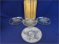 4 Glass Platters and Wooden Cutting Board