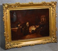Oil on Canvas Victorian Scene of Doctor at Bedside