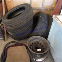 Tires, rims, car mats, saw horse brackets