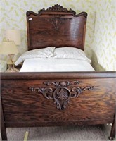 1870's oak full size bed with acanthus carved
