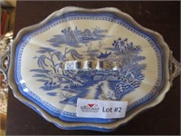 English made covered vegetable Willow ware, oval,