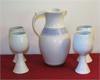 Pottery pitcher (10") and 4 goblets (7")