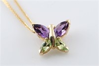 14k Gold, Amethyst and Peridot Butterfly Necklace