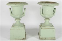 Pair of Cast Iron Garden Urns with Block Bases