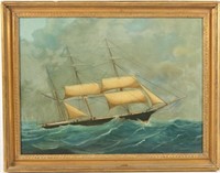 American Oil on Canvas, Three-Masted Ship at Sea