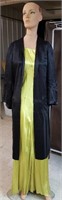 Chartreuse satin/silk dress black satin coat