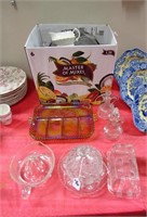 Glassware Lot, Carnival Glass Tray, Juicer, cups +