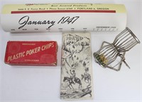 1947 Calendar, Vtg. Poker Chips, Dice Turner...