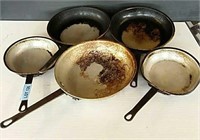5 Heavy Used Frying Pans, (3) 10", (2) 7"
