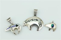 3 Native American Silver Bear Pendants