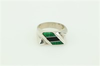 Mexican Sterling Malachite & Onyx Ring Size 8.25