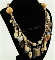 Carved Bone Silver & Beads Assemblage Necklace