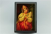 Russian Lacquer Box. Girl by Stove