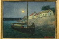 Edwin Deming O/B Moonlit Boat Scene
