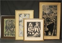 Group of 4 1960s Woodblock Prints