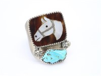 Large Old Pawn Silver Horse Inlaid /Turquoise Ring