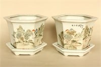 Pair of Chinese Porcelain Jardinieres and Saucers,