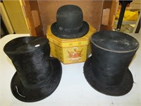 Top Hats (2) & Derby hat & box