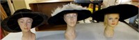 3 wide rimmed hats, feathers, velvet