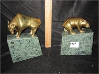 Brass Bull & Bear on Marble Bookends