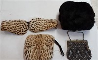 Black fur & Leopard fur Muff, Beaded purse