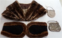 Mink Stole, 1940 fur wrap, beaded & sequin purses