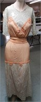 WWI Peach silk chiffon dress  ivory lace & belt
