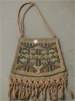 Burlap pouch bag with needle work & tassels