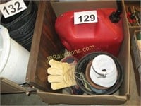 BOX FLOWER POTS, 5 GAL GAS CAN , LEATHER GLOVES