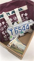 Box lot of postcards, license plate, Mighty Ducks
