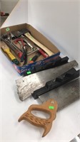Tray of tools, hatchet, adjustable wrench, vice