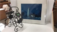 Iron wine bottle holder and lighthouse picture