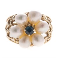 A Lady's 14K Pearl and Sapphire Ring