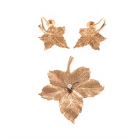 A 14K Maple Leaf Brooch & Earring Set