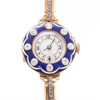 A Lady's Blue Enamel & Diamond Watch in 18K