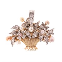 A Lady's Floral Diamond & Pearl Pin in 18K
